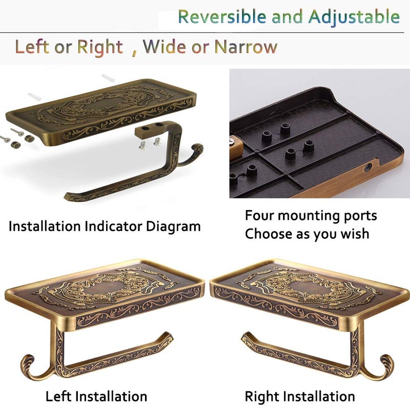 Fredysu Bronze Toilet Paper Holder, Antique Brass Toilet Paper Towel Holder, Premium Wall Mounted Bathroom Paper Holde with Shelf and Hook - Image 4